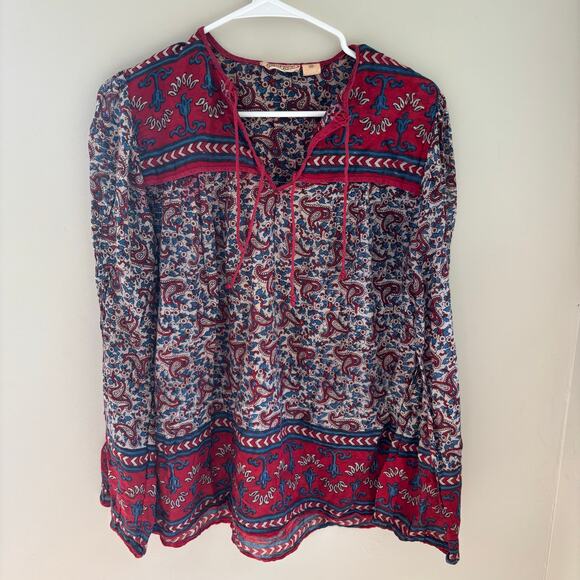 Vintage 70's Pinot Noir India Cotton Guaze Block Print Boho Hippie Shirt Size M - Picture 1 of 7